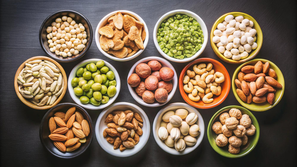Assorted high-protein foods including nuts, seeds, legumes, and edamame in bowls, supporting nutrition for injury recovery